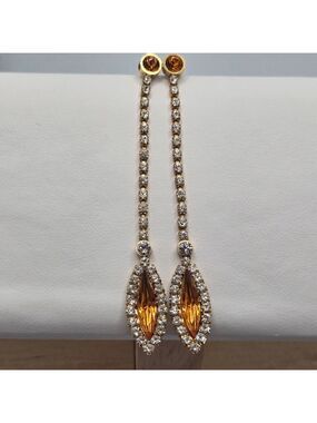Vintage Gold Tone Citrine Color Marquis Dangle Earrings Bridal Wedding 2.5"